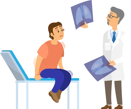 Medico Ou Radiologista Masculino Demonstrando Raio X Da Caixa Toracica Para Paciente Assustado E Informando Sobre O Diagnostico O Homem Tem Medo Dos Medicos Cara Que Sofre De Medo De Tratamento E Cuidados Medicos Ilustração