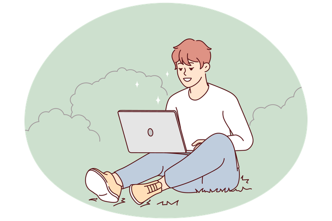 Cara sorridente sentado ao ar livre trabalhando no computador  Ilustração