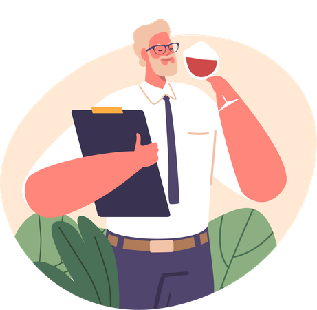 Personnage de sommelier exigeant dégustant un vin rouge riche dans un vignoble luxuriant  Illustration