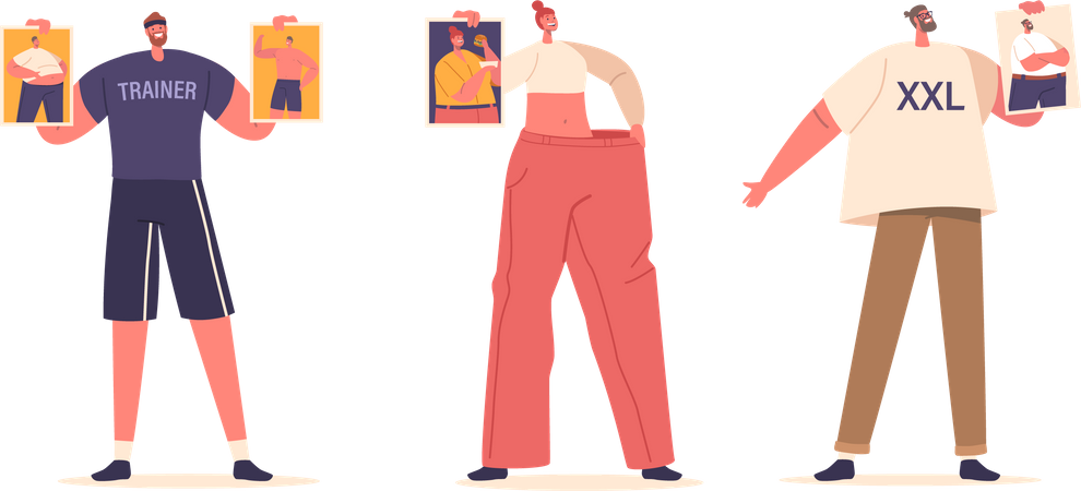 Personagens antes e depois da transformação para perda de peso  Ilustração