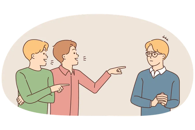 Caras sorridentes apontam para o companheiro de óculos zombando  Ilustração