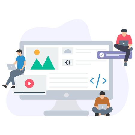 Pessoal trabalhando no layout do site  Ilustração