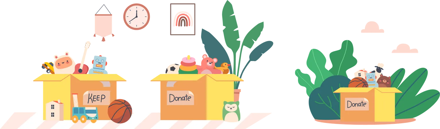 Cardboard Donation Box Full Of Toys, Books And Devices Illustration