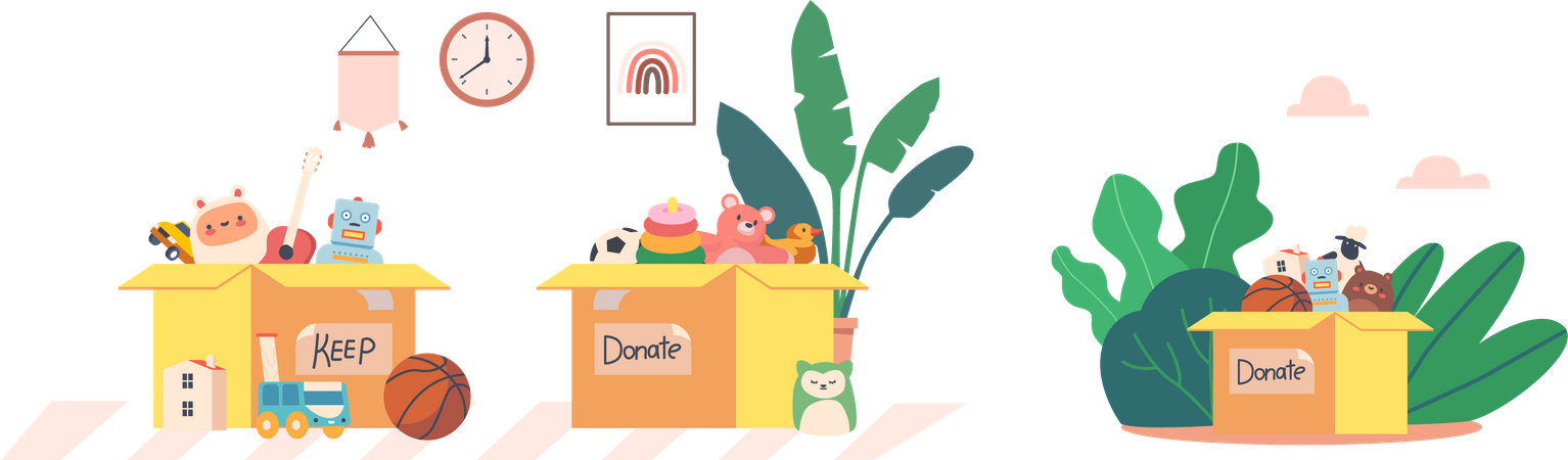 Cardboard Donation Box Full Of Toys, Books And Devices  Illustration
