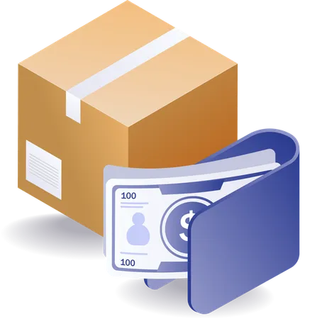 Cardboard package of goods with money in wallet  Illustration