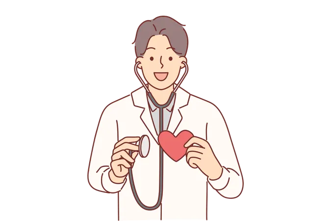 Man Cardio Surgeon With Stethoscope And Heart Offering To Undergo Examination To Look For Potential Health Problems Guy In White Coat Studies Heart Diseases And Makes Diagnosis After Measuring Pulse Illustration