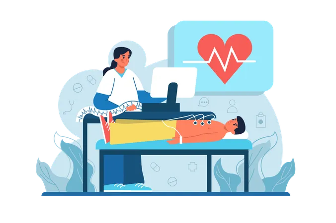 Cardiogram Medicine Blue Concept With People Scene In The Flat Cartoon Style The Patient Came To The Hospital To Have A Cardiogram Of The Heart Vector Illustration Illustration