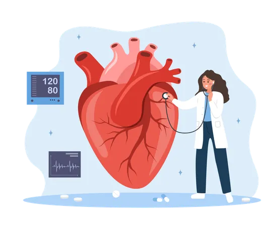 Cardiologist concept, Medical check up, Female Doctor listening to big realistic heart with stethoscope, Heart rate monitor, Flat Vector illustration  Illustration