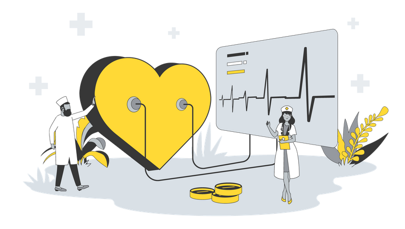 Cardiologist examines heart and nurse writes prescription for medicines  Illustration