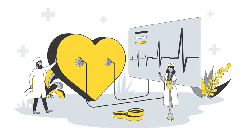 Cardiologista examina coração e enfermeira prescreve remédios  Ilustração