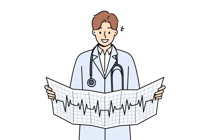 Cardiologista segurando relatório de análise de ECG  Ilustração