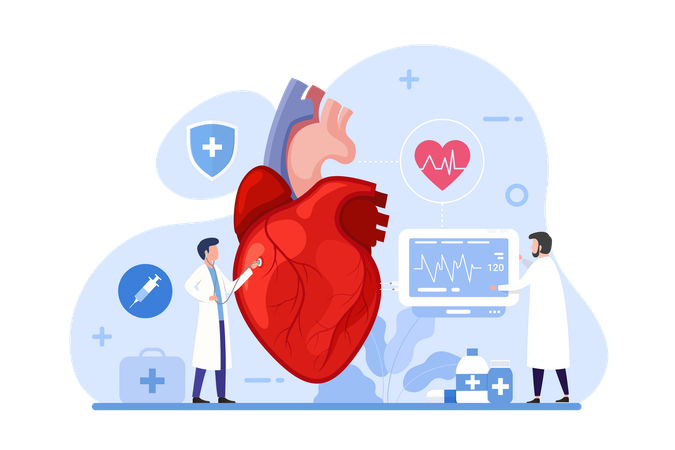 Cardiologistas examinando coração  Ilustração