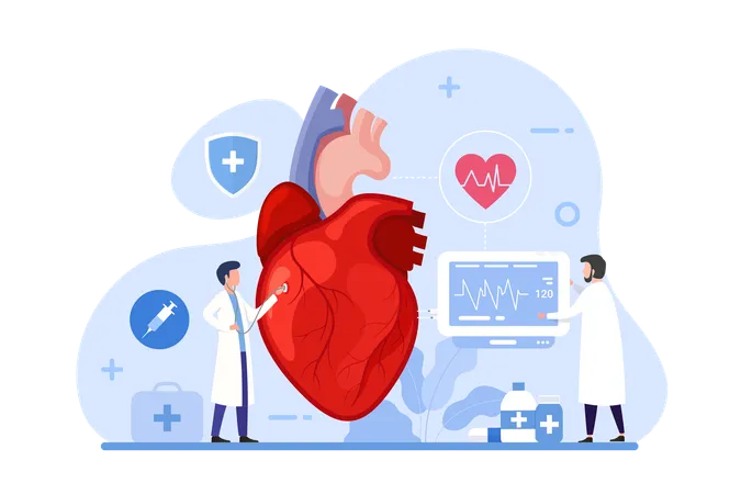 Cardiologistas examinando coração  Ilustração