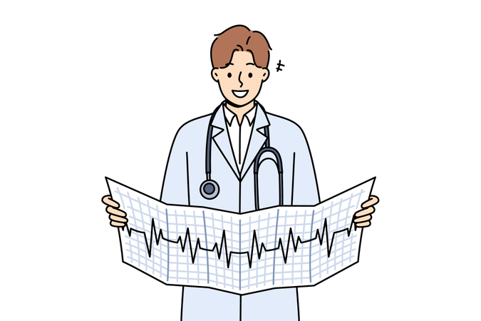 Cardiólogo sosteniendo un informe de análisis de ECG  Ilustración