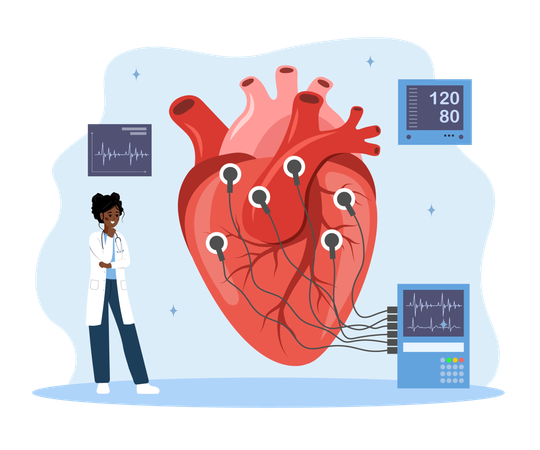 Cardiology concept, African Female doctor check ECG, EKG, cardiogram and electrocardiogram, Health heart check up and cardiovascular pressure  Illustration