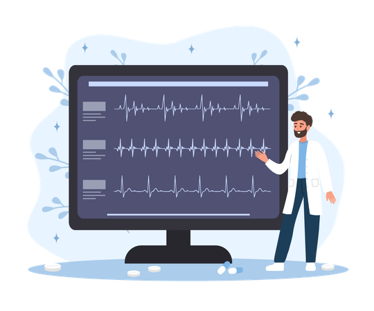 Cardiology concept, Male doctor check ECG, EKG, cardiogram and electrocardiogram, Health heart check up and cardiovascular pressure  Illustration