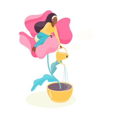Care For Positive Mindset And Wellbeing Self Love Mental Health Vector Illustration Cartoon Tiny Young Woman Sitting Inside Growing Flower To Water From Watering Can Personal Therapy For Girl Illustration