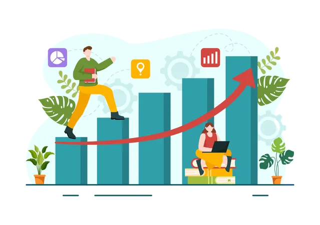 Career Development Vector Illustration With Ladder To Success And Growing Revenue On Improve Bar Graph In Business Goal Flat Background Design Illustration