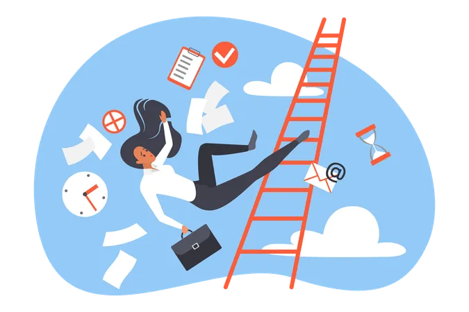 Career Failure Fall Accident Of Woman Vector Illustration Cartoon Female Employee Character Climbing Stairs And Falling Along With Clock Business Documents From Office Workplace Loses Job Illustration