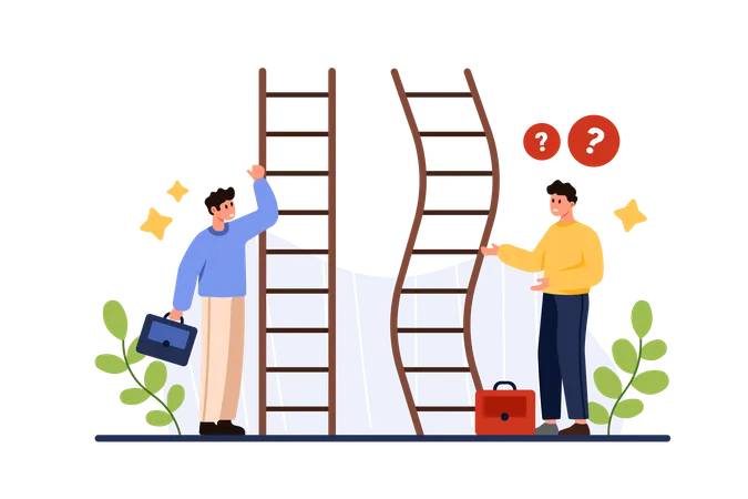 Career Ladder Challenge Difficulty And Unequal Opportunity For Growth Comparison Of Employment Conditions Tiny People With Straight And Curved Stairs To Success Cartoon Vector Illustration 일러스트레이션