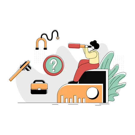Flat Illustration Vector Graphic Of Future Professions Concept Of A Woman Using Binoculars To Choose A Profession While Sitting On A Ruler Retro Style Minimal Green Red Yellow Perfect For Ui Ux Illustration