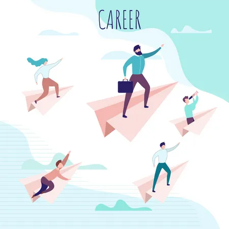 Career Poster with People Flying on Paper Planes  Illustration