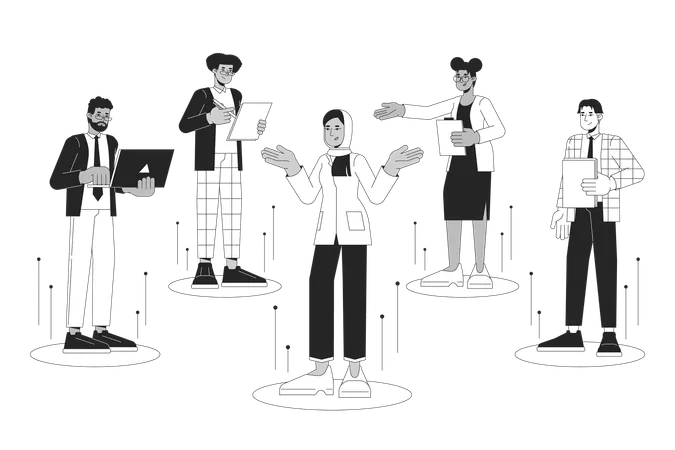 Career Team Start Up Black And White 2 D Illustration Concept Diverse Teamwork Office Workers Cartoon Outline Characters Isolated On White Multiracial Businesspeople Adults Metaphor Monochrome Vector Illustration