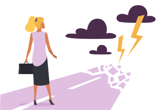 Businesswomans Challenge Gender Obstacle On Way And Discrimination Vector Illustration Cartoon Lightning And Danger Break Road In Front Of Walking Woman Career Growth Limit Due To Prejudice Illustration