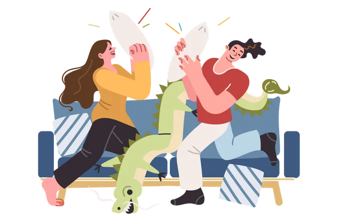 Carefree Couple Fights With Pillows Sitting On Sofa Enjoying Pleasure Of Relaxing Together In Cozy Home Atmosphere Cheerful Brother And Sister Fight With Pillows Enjoying Having Free Time Illustration