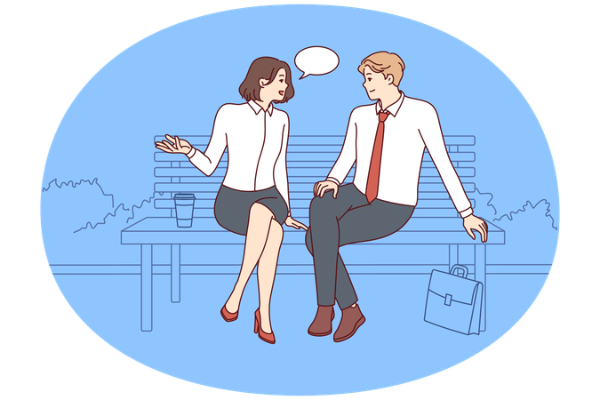 Carefree couple sitting on park bench and talking telling stories from work  Illustration