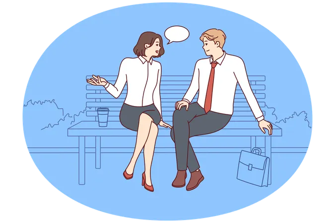 Carefree couple sitting on park bench and talking telling stories from work  Illustration