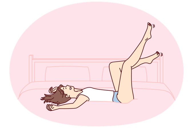 タンクトップとショートパンツを着た気楽な女の子が、リラックスできる機会に喜びながらベッドに倒れ込む  イラスト