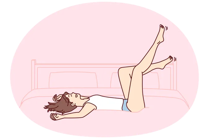 タンクトップとショートパンツを着た気楽な女の子が、リラックスできる機会に喜びながらベッドに倒れ込む  イラスト