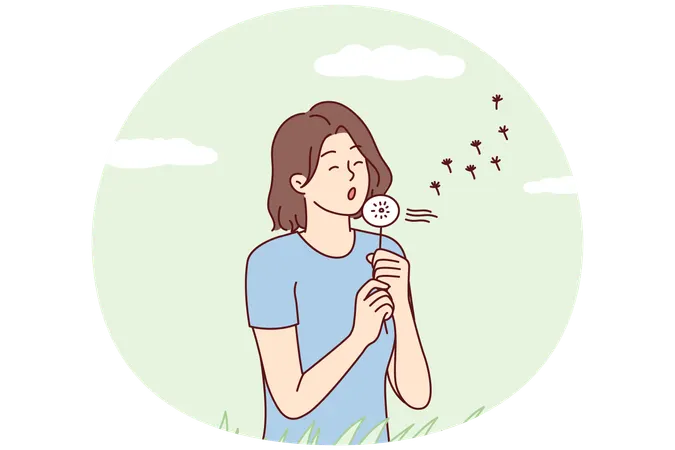 평온한 여성이 민들레를 손에 들고 개간지를 걸어가며 흩날리는 꽃잎을 날려버린다.  일러스트레이션
