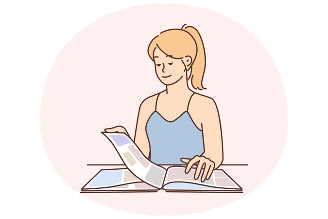 Carefree young woman reading magazine and flipping through page with photos  Illustration