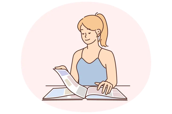 Carefree young woman reading magazine and flipping through page with photos  Illustration