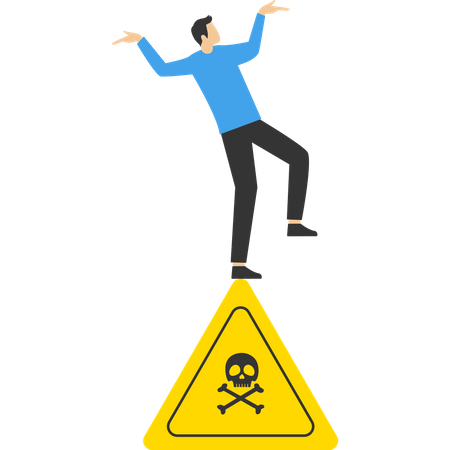 Careful businessman slip falling on caution skull  Illustration