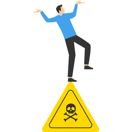 Careful businessman slip falling on caution skull  Illustration