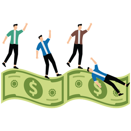 Careful efforts of businessmen to keep their balance walking on banknotes  Illustration