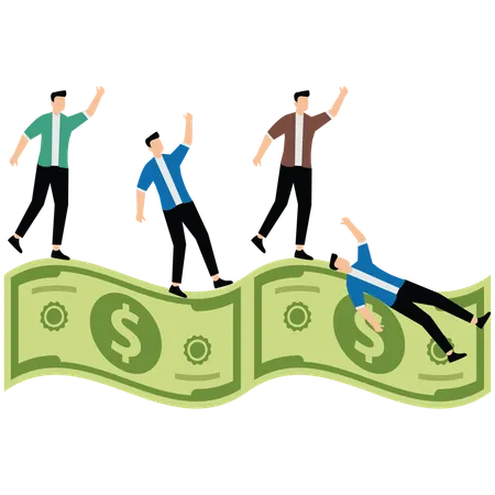 Careful efforts of businessmen to keep their balance walking on banknotes  Illustration