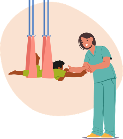 Caregiver Assisting Child Through Rehabilitation Swing  Illustration