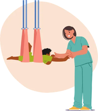 Caregiver Assisting Child Through Rehabilitation Swing  Illustration