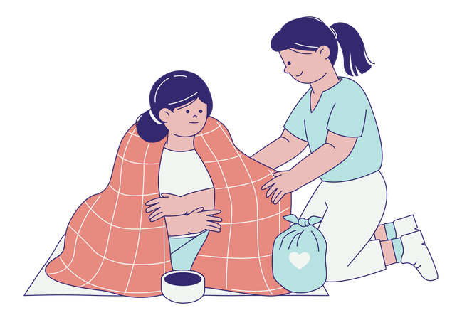 Caregiver Assisting Homeless Person with Blanket  Illustration