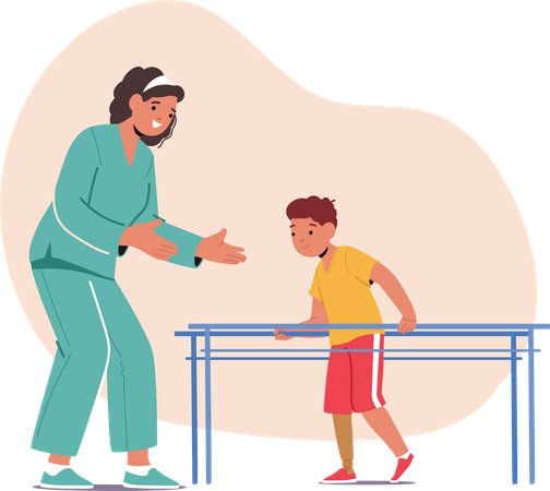 Caregiver Character Assisting Child In Practicing Rehabilitation Exercise On Parallel Bars  Illustration