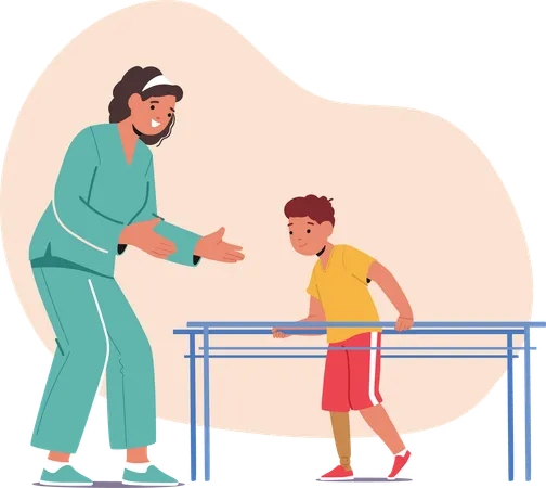 Caregiver Character Assisting Child In Practicing Rehabilitation Exercise On Parallel Bars  Illustration