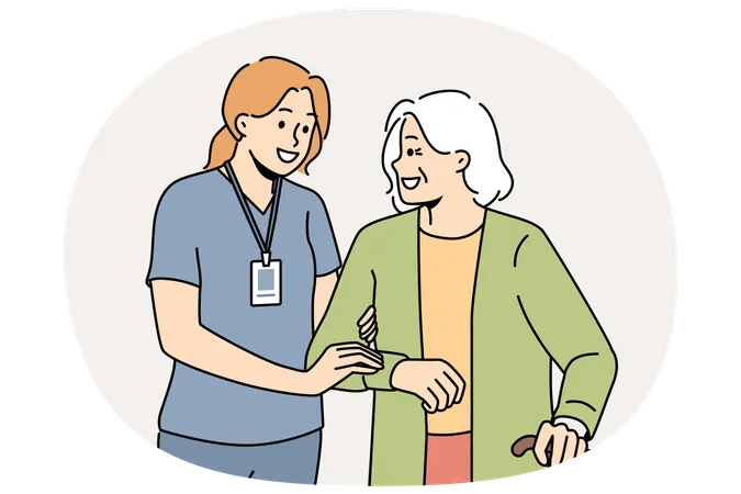 Caregiver help elderly woman with walking  Illustration