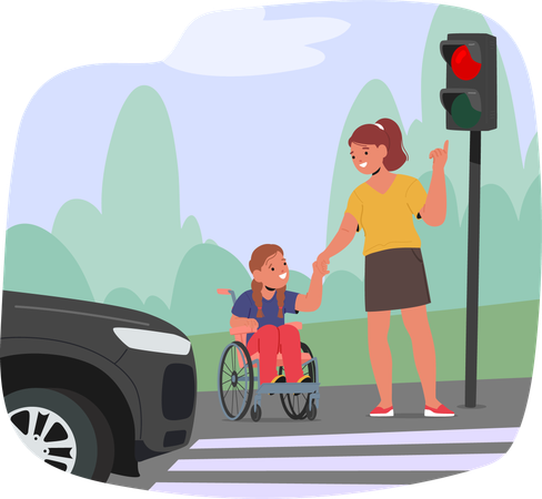 Caregiver Helping Child In Wheelchair Cross Street Safely At Crosswalk  Illustration