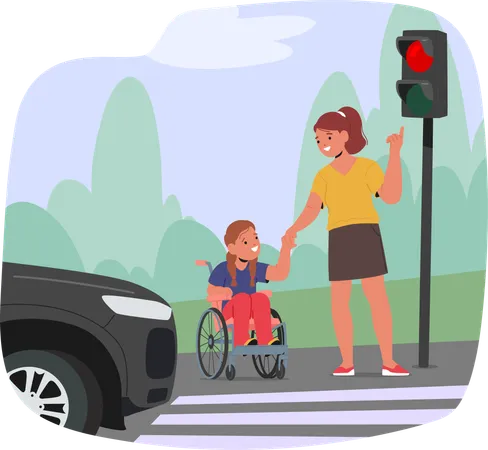 Caregiver Helping Child In Wheelchair Cross Street Safely At Crosswalk  Illustration