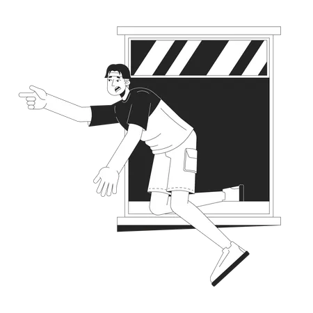 Careless Asian Man Falling Out Of Window Black And White 2 D Line Cartoon Character Surviving Traumatic Accident Isolated Vector Outline Person Safety Violation Monochromatic Flat Spot Illustration Illustration