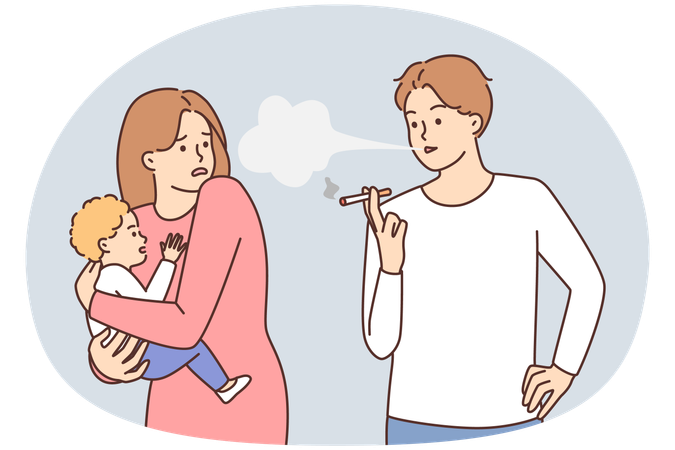 赤ちゃんを抱いた女性の隣に立ってタバコを吸っている不注意な男性  イラスト